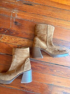 Lulu's Camel Suede Block Heel Ankle Boots